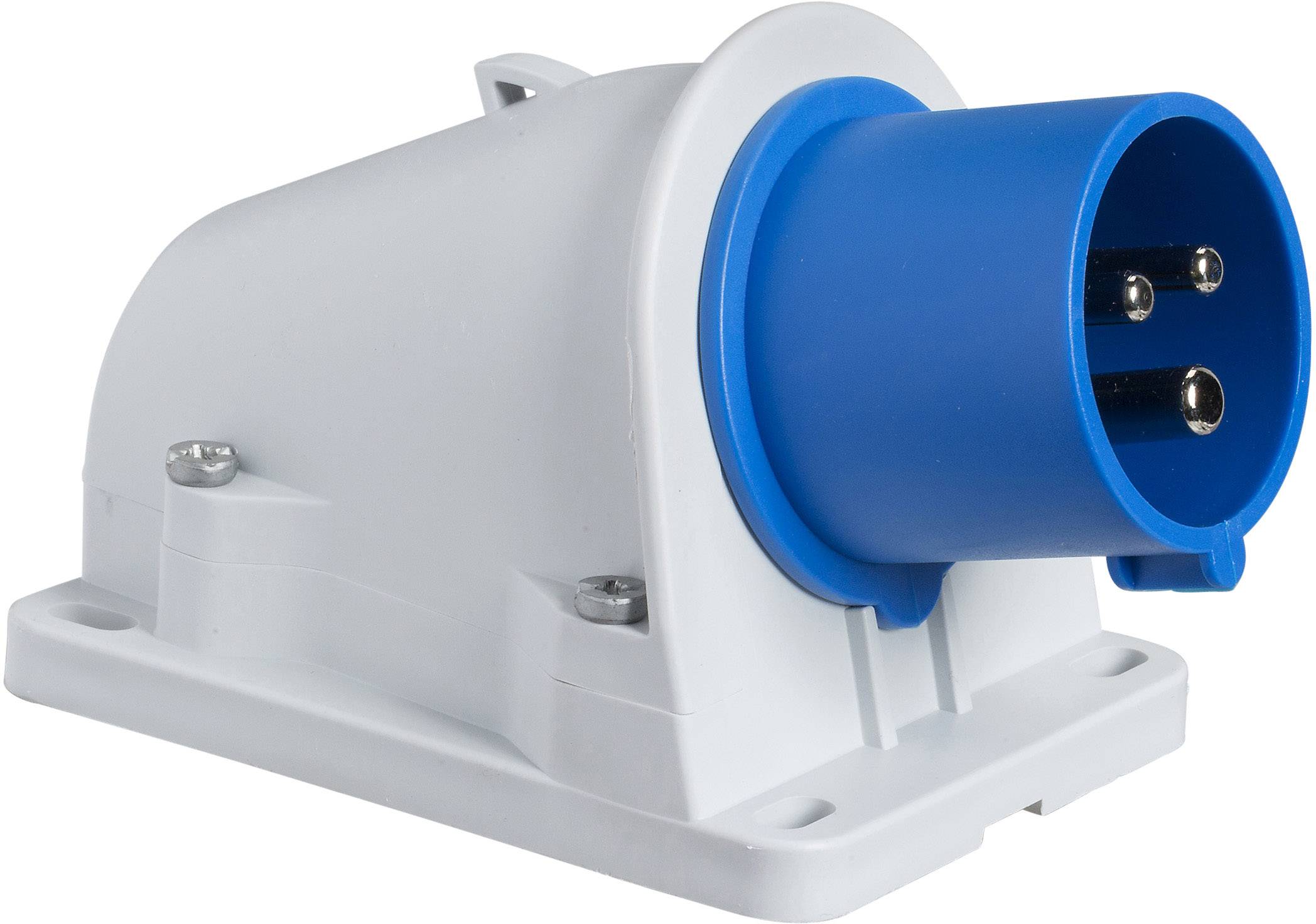 Fehér és kék ipari csatlakozóaljzat három érintkezővel, lapos alapra szerelve.