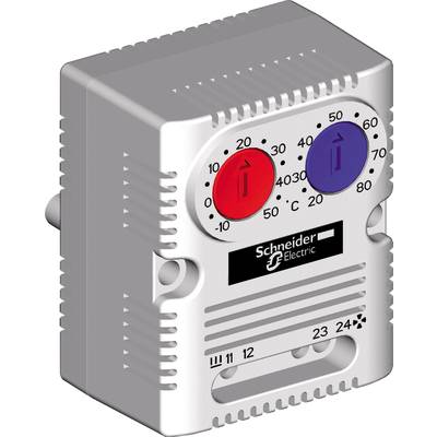 Piros és kék forgatógombos, kétszínű termosztát, amelyen a 'Schneider Electric' márkanév látható, a hőmérséklet beállítására szolgál.
