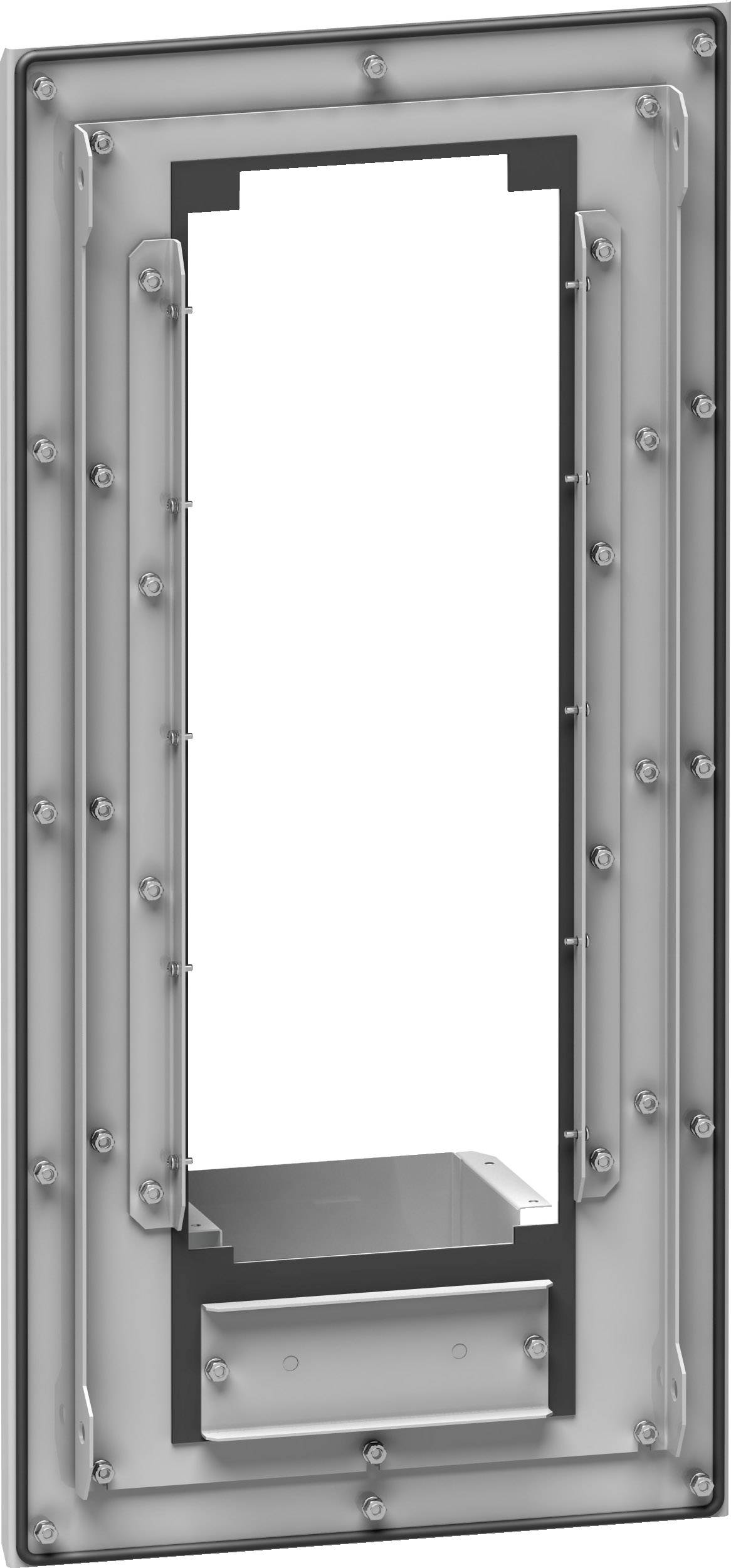 Téglalap alakú fémlemez, téglalap formájú kivágással és csavarlyukakkal, valószínűleg ipari vagy elektronikai felhasználásra.