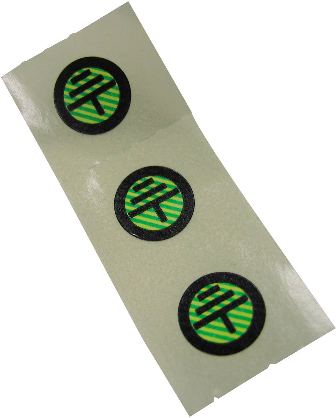 Három kerek, zöld-fekete matrica egy stilizált 'T' logóval fehér háttéren.
