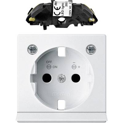 Egy fehér dugalj egy levehető, fekete LED-vezérlőegységgel felül. Az egység "LED light" feliratot és feszültségspecifikációkat mutat.