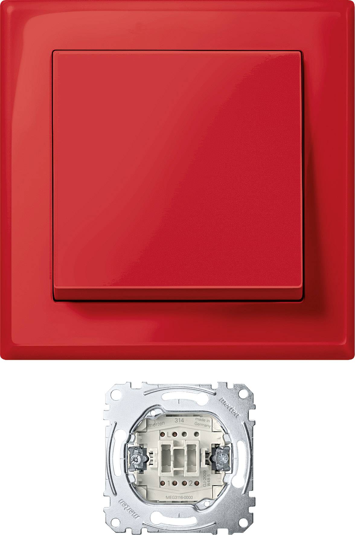 Egy piros villanykapcsoló és fém szerelőkerete, amely bemutatja a kapcsoló telepítését és dizájnját.