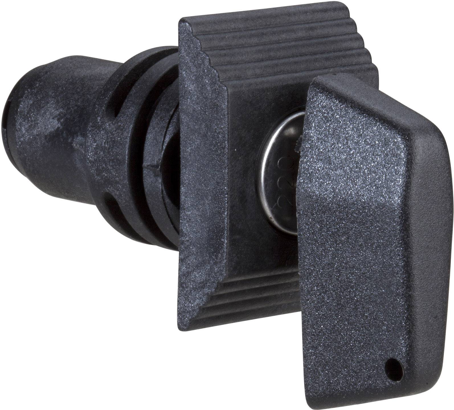 Egy fekete forgógomb recézett felülettel és téglalap alakú fogantyúval, amely alkalmas eszközök vagy gépek vezérléséhez.