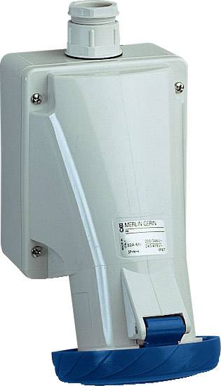 Kék talp és fehér ház kombinációjával rendelkező ipari felhasználásra alkalmas elektromos csatlakozó.