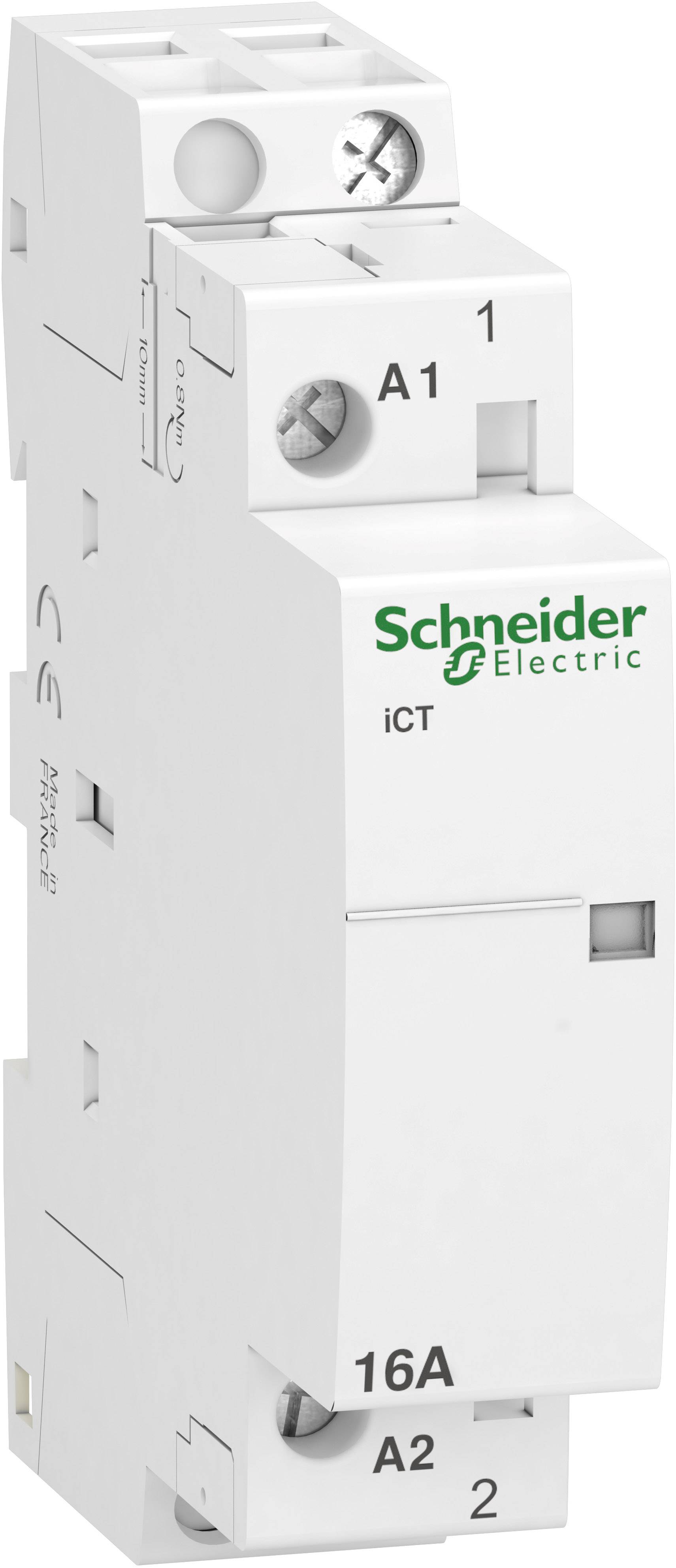 Egy fehér elektromos kapcsolókészülék a Schneider Electric-tól. Felirata: '16A, A1, A2'. Fő jellemzője az elektromos áramkörök vezérlése.