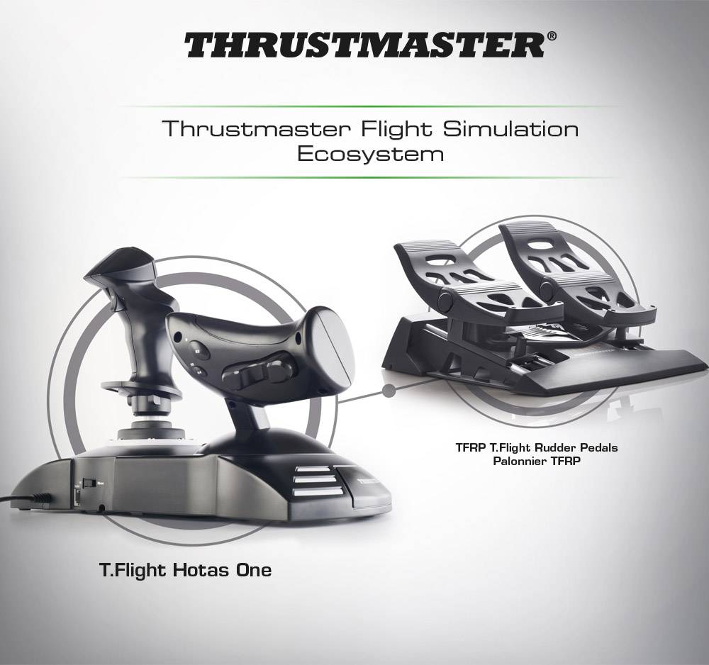 A Thrustmaster repülési szimulációs ökoszisztéma. A képen a T.Flight Hotas One botkormány és a T.Flight pedálok láthatók, amelyek a szimulációs rendszer részét képezik.