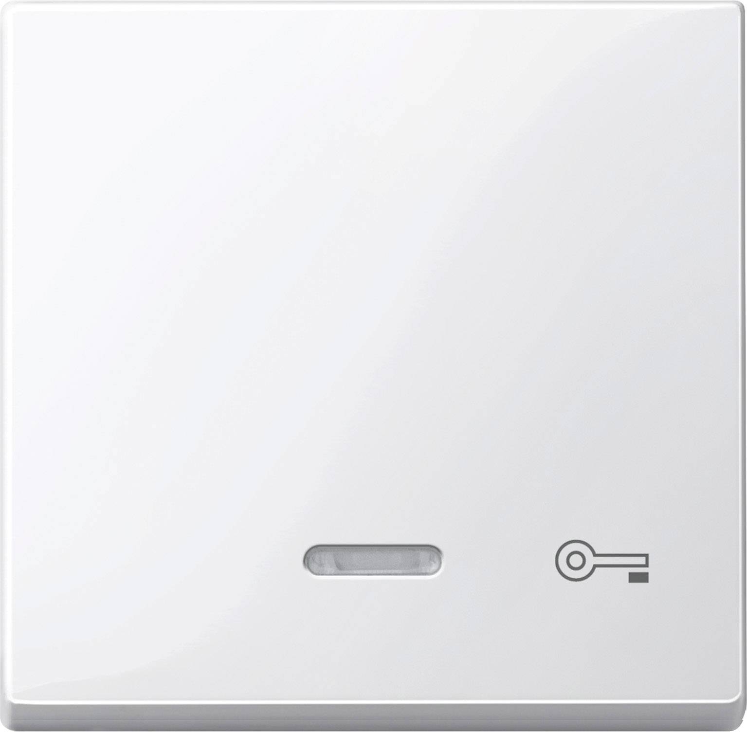 Fehér, négyzet alakú villanykapcsoló, amelynek jobb alsó sarkában egy kulcs szimbólum, középen pedig egy kis vízszintes rés található.