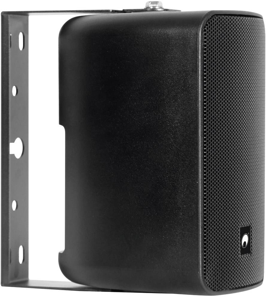 Fekete Bluetooth-hangszóró fali tartóval, jobb oldali nézet. Hangszórórács elöl, tartó bal oldalon rögzítve.