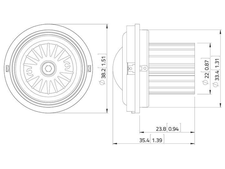 Műszaki rajz egy kerek szellőzési komponensről a következő méretekkel: átmérő 382 mm, magasság 334 mm és szélesség 35,4 mm.