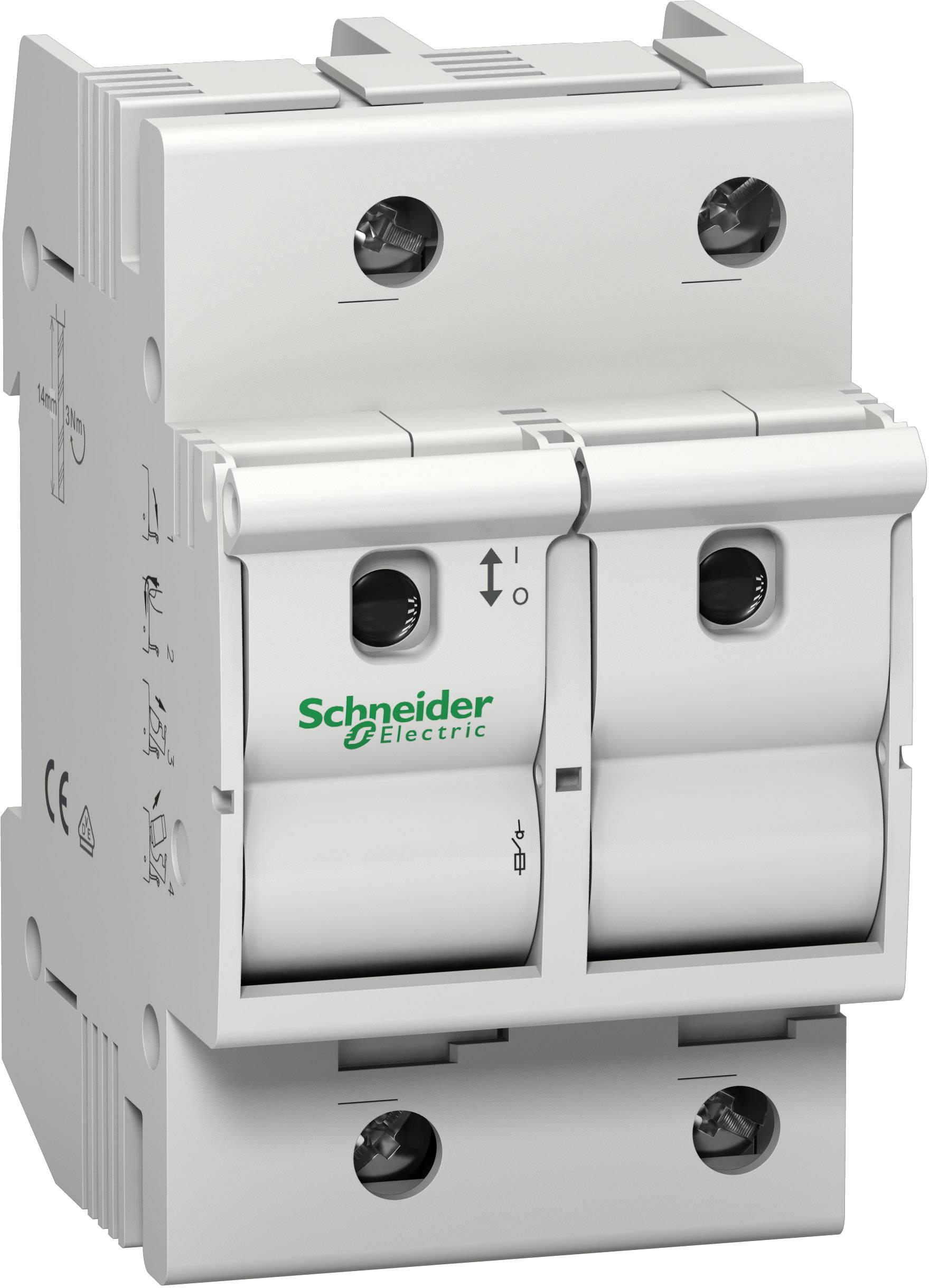 Egy kétpólusú biztosítékautomata Schneider Electric márkától, fehér színben, billenőkapcsolóval az áramfolyam szabályozásához.