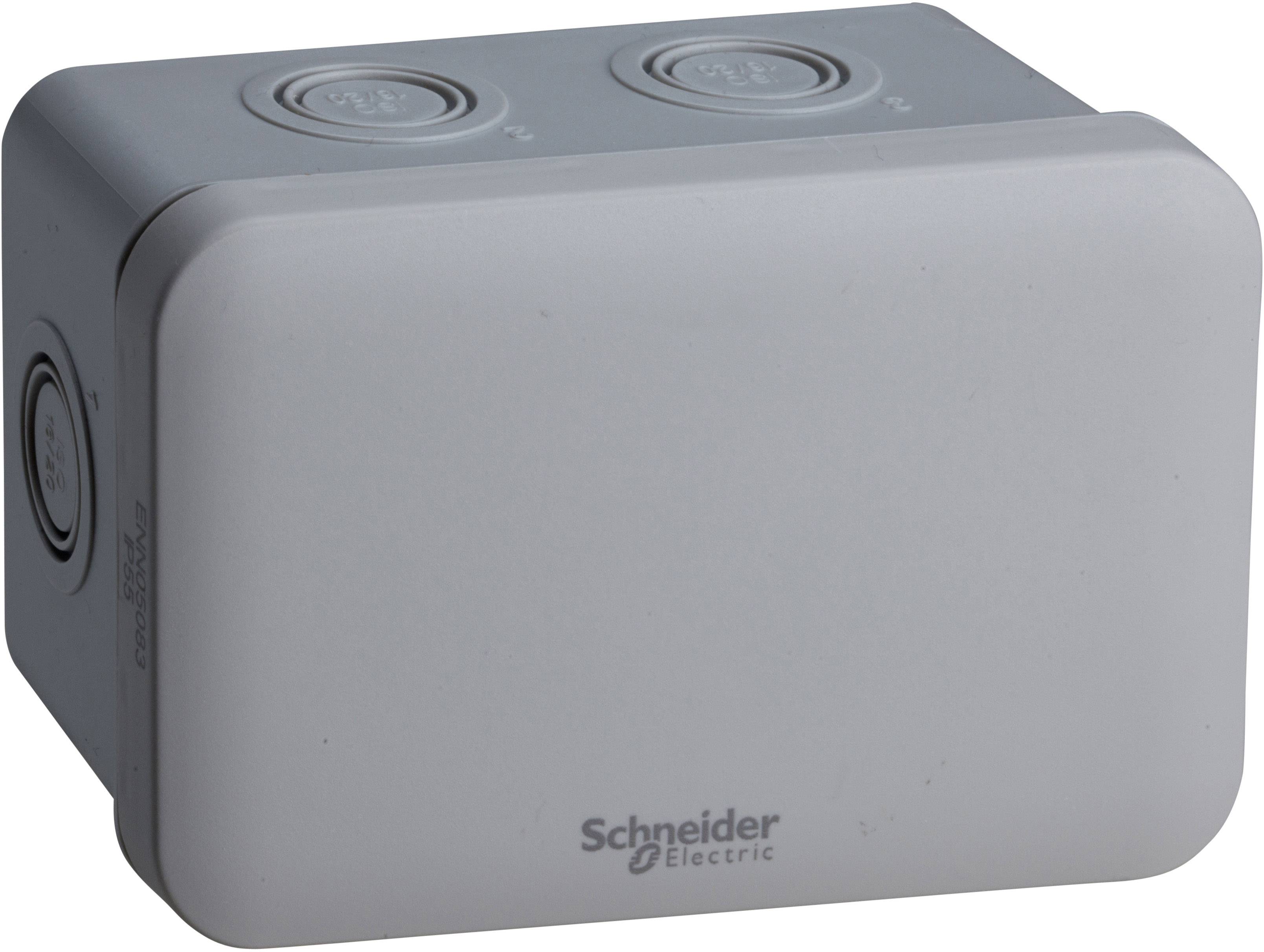 Egy szürke, Schneider Electric gyártmányú elektromos műanyag ház két leszerelhető fedéllel felül.
