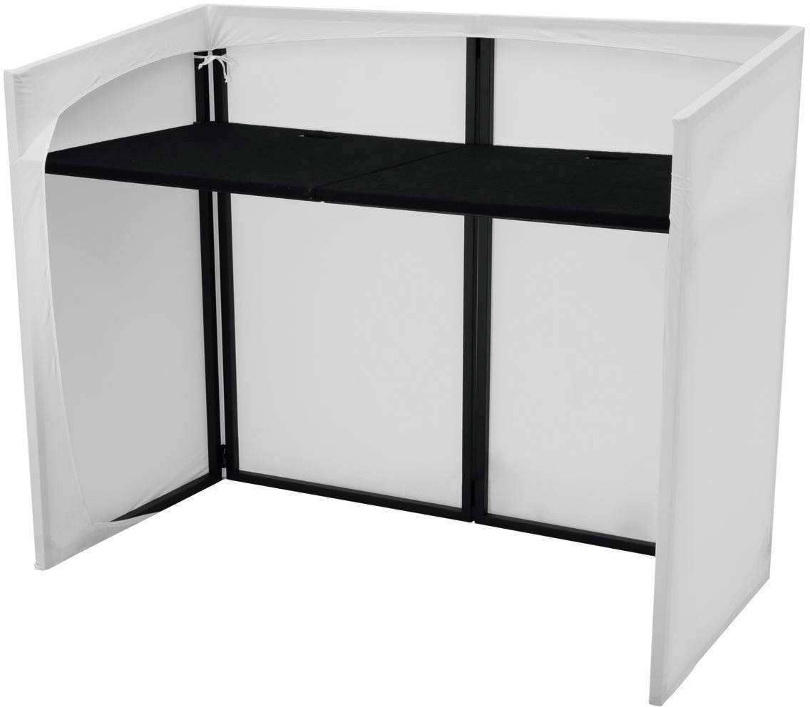 Fehér, összehajtható fénydoboz fekete háttérrel és fém sarkokkal, alkalmas termékfotózáshoz vagy prezentációkhoz.