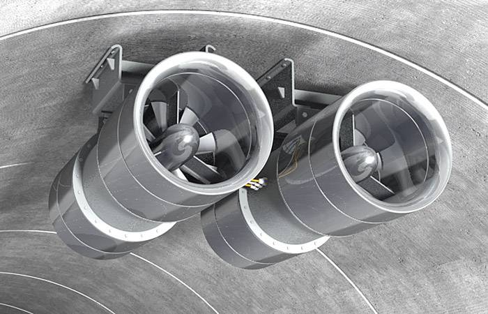 Két nagy ventilátor van a tunnel mennyezetére szerelve. Feladatuk a tunnel szellőztetése.