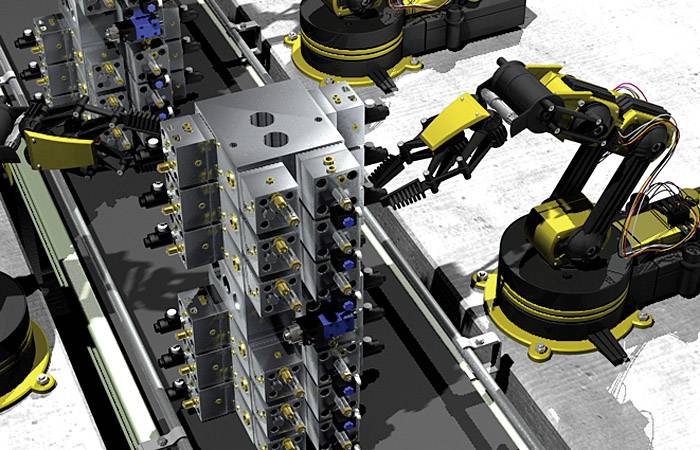 Ipari robotok egy gyártósoron fémalkatrészeket szerelnek össze. Egy robotkar pontosan mozgatja az alkatrészeket egy szállítószalagon.