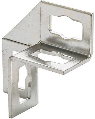 Fém sarokkonzol több téglalap alakú kivágással, alkalmas alkatrészek vagy polcok rögzítéséhez.