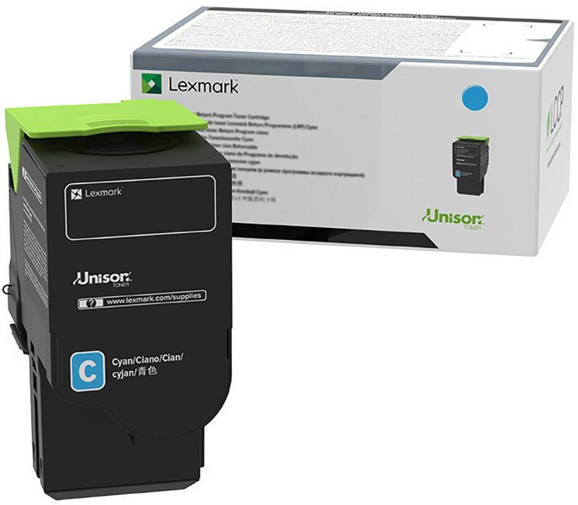 Lexmark fekete és kék nyomtatópatronok, a háttérben a csomagolással. Alkalmas színes nyomtatókhoz, CX820 modell.