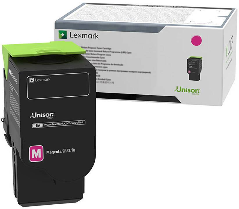 Lexmark nyomtatópatron, "Kotonal M" modell, fekete és magenta színben bemutatva. A háttérben a gyártó logójával ellátott csomagolás látható.