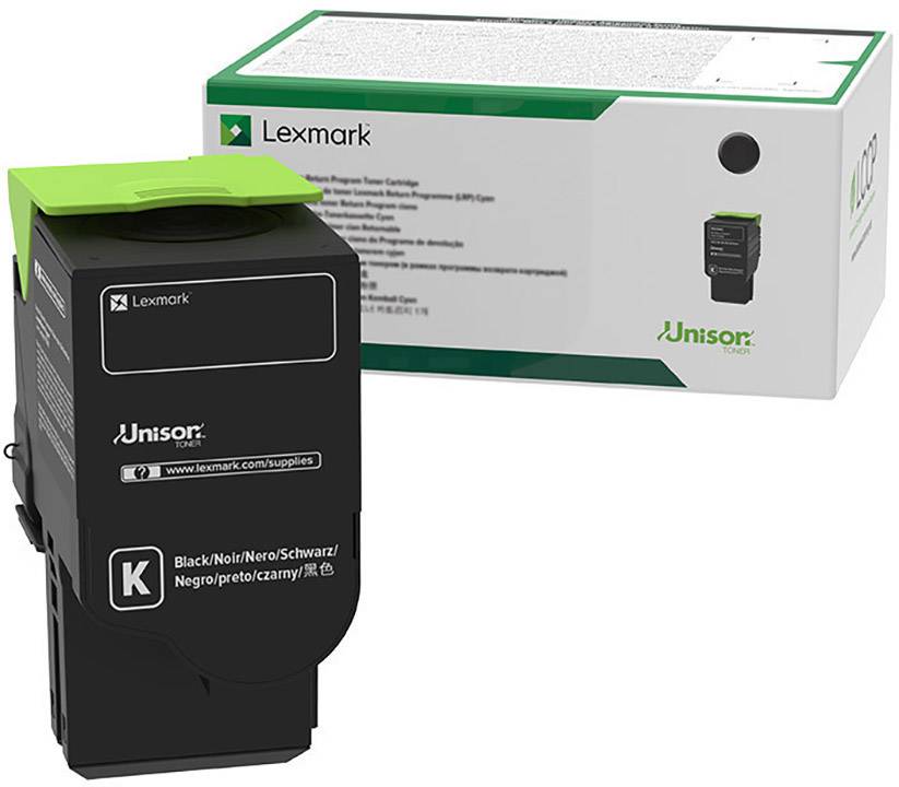 Fekete Lexmark 'K' toner az eredeti csomagolás mellett, nyomtatóhoz alkalmas; a termékkép márka- és modelljellemzőket mutat.