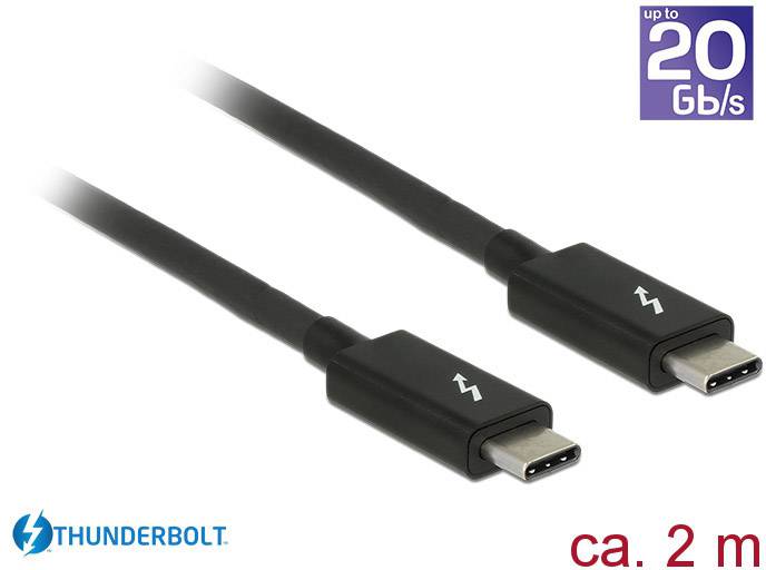 Egy fekete Thunderbolt kábel USB-C csatlakozókkal, körülbelül 2 méter hosszú, támogatja a legfeljebb 20 Gb/s átviteli sebességet.