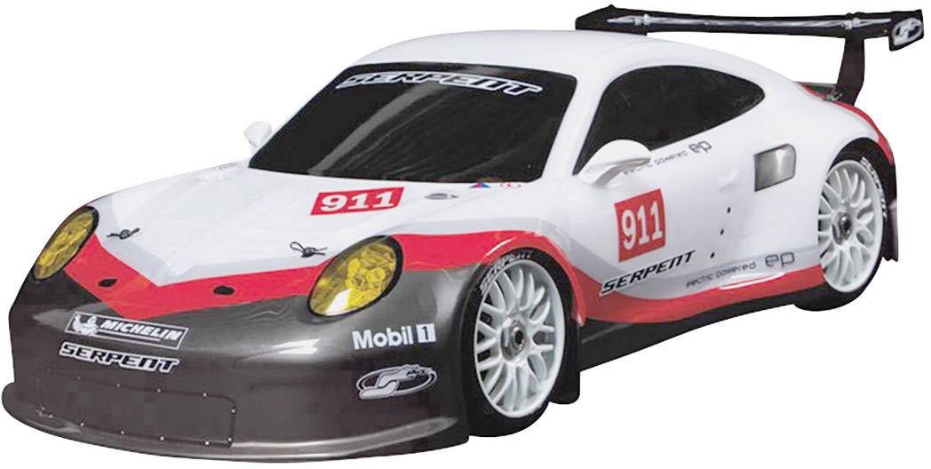 Egy fehér-piros modellautó a '911' számmal, sportos megjelenéssel, szembeötlő hátsó szárnnyal és az oldalán látható szponzori logókkal.