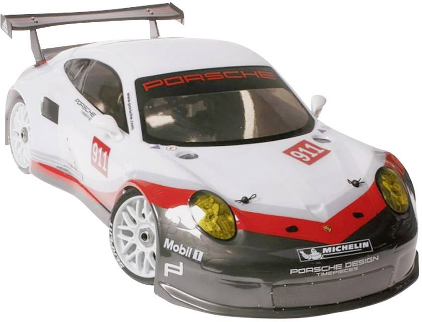 Porsche versenyautó játékmodell, fehér színben piros és fekete díszítéssel. A 'Porsche' felirat és a '911' rajtszám látható rajta.