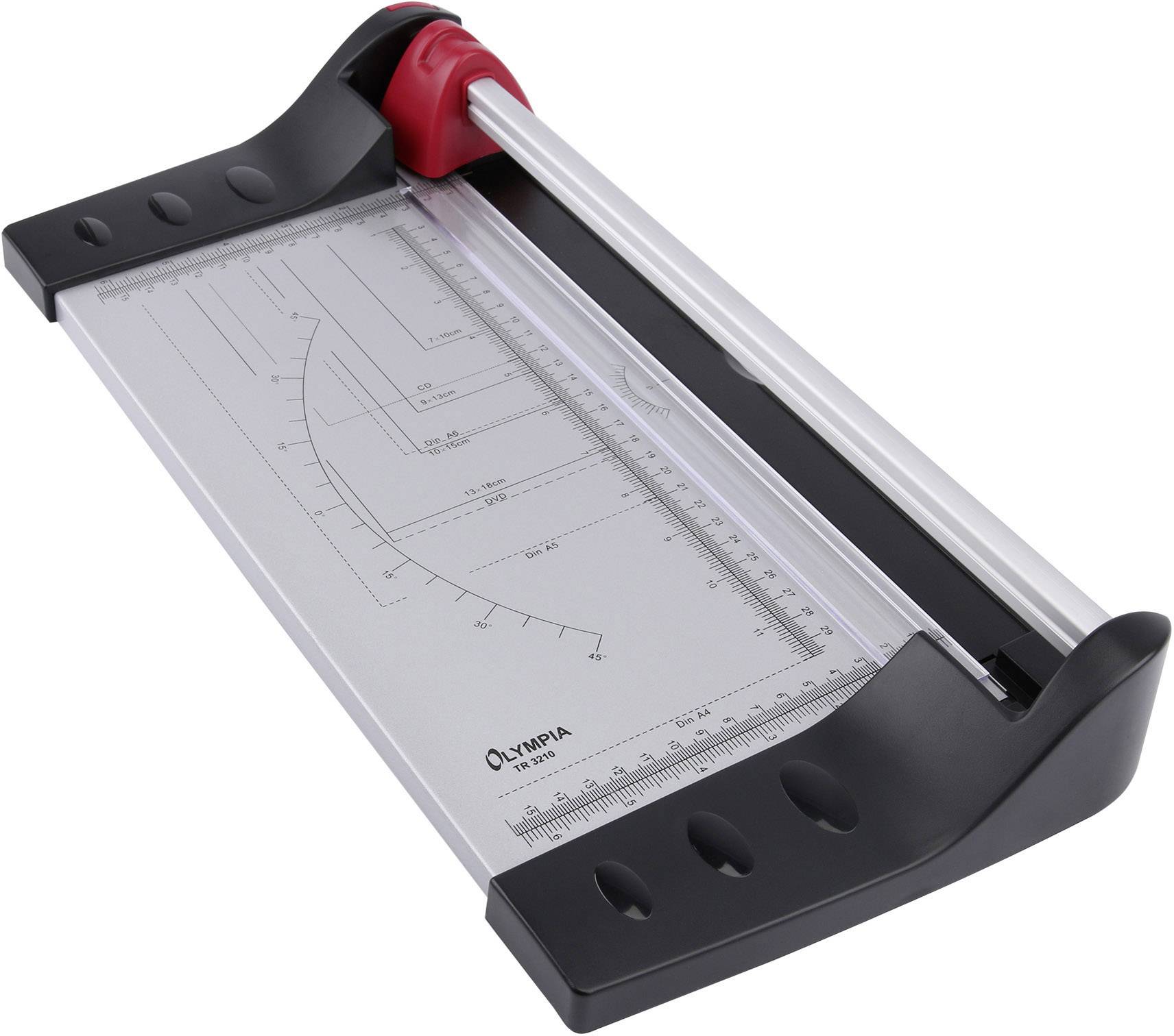 Egy fekete papírvágógép fémből készült vonalzóval és vágószerkezettel.