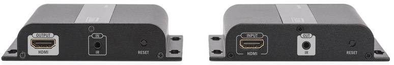 Két fekete elektronikus eszköz egymás mellett, elöl HDMI-, tápellátási és reset csatlakozókkal.
