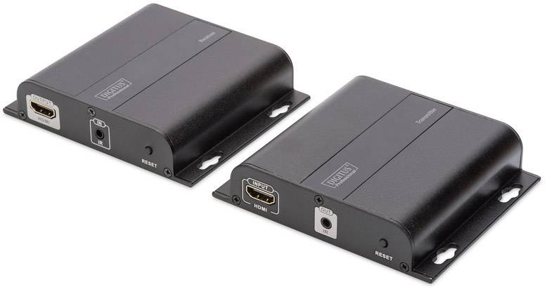 Két fekete elektronikai eszköz HDMI-csatlakozókkal és reset gombokkal. Laposak és téglalap alakúak, tökéletesek otthoni mozi beállításokhoz.