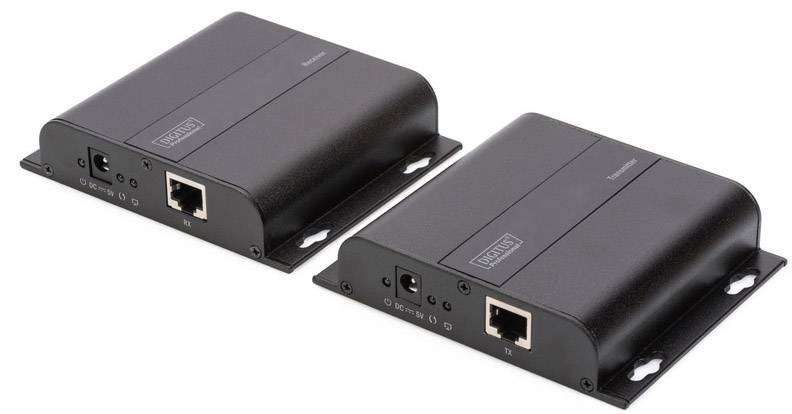 Két fekete elektronikus eszköz, amelyek hálózati adapternek tűnnek, Ethernet-csatlakozókkal és tápcsatlakozókkal az elülső oldalukon.