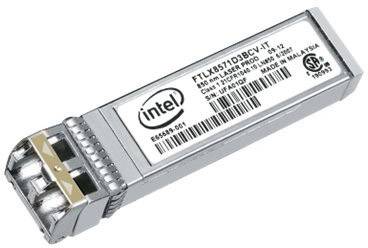 Intel-transzceiver-modul, téglalap alakú, két optikai csatlakozóval és fekete arculati elemekkel. Üvegszálas hálózati kapcsolóelemek azonosítására szolgál.