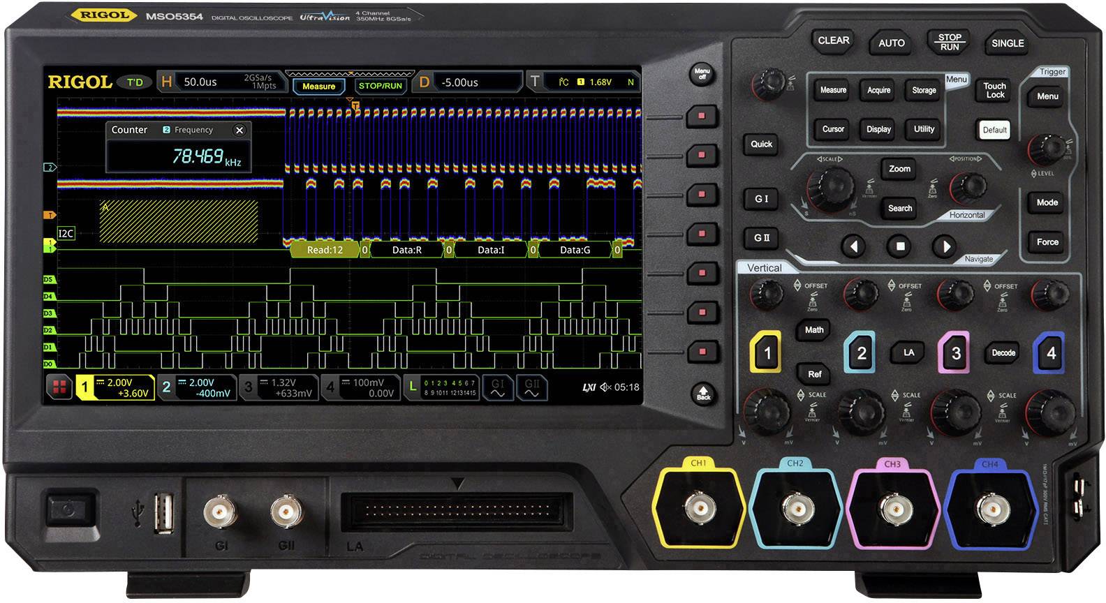 Digitális oszcilloszkóp 70 MHz 8 GSa/mp 200 Mpts 8 bit, Rigol MSO5074