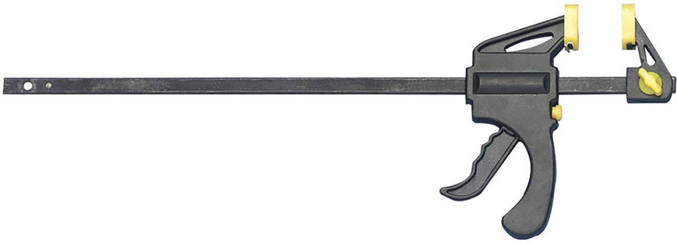 Gyorsfogó szorító fekete testtel és sárga zárszerkezettel, kiváló munkadarabok rögzítéséhez fafeldolgozás során.