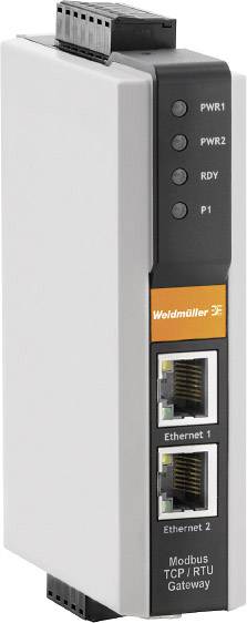 Weidmüller Modbus TCP/RTU átjáró két Ethernet-porttal és állapotjelző lámpákkal. Hálózatok összekapcsolására használható.