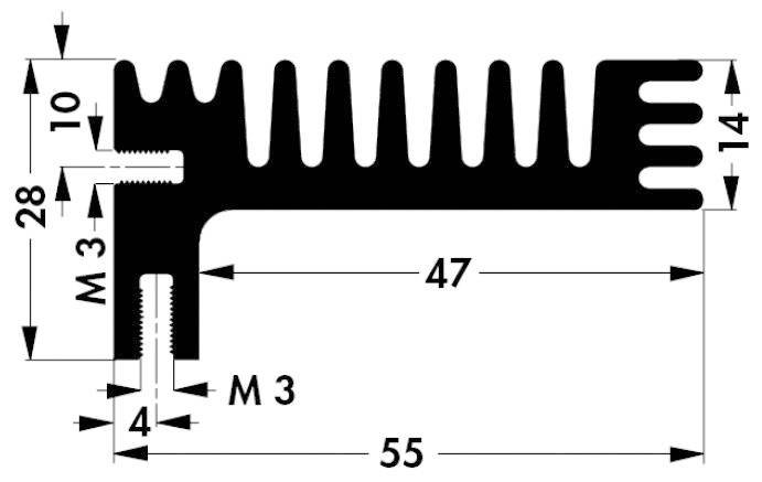 Hűtőborda profil méretekkel: szélesség 55 mm, magasság 28 mm, vertikális bordák 14 mm magasak, horizontális bordák 10 mm magasak. M3-as csavarmenetes rögzítés.