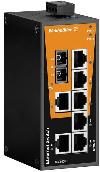 Nyolc porttal rendelkező Ethernet switch LED-kijelzőkkel a kapcsolatokhoz és áramellátáshoz, narancssárga-fekete házban, Weidmüller márka.