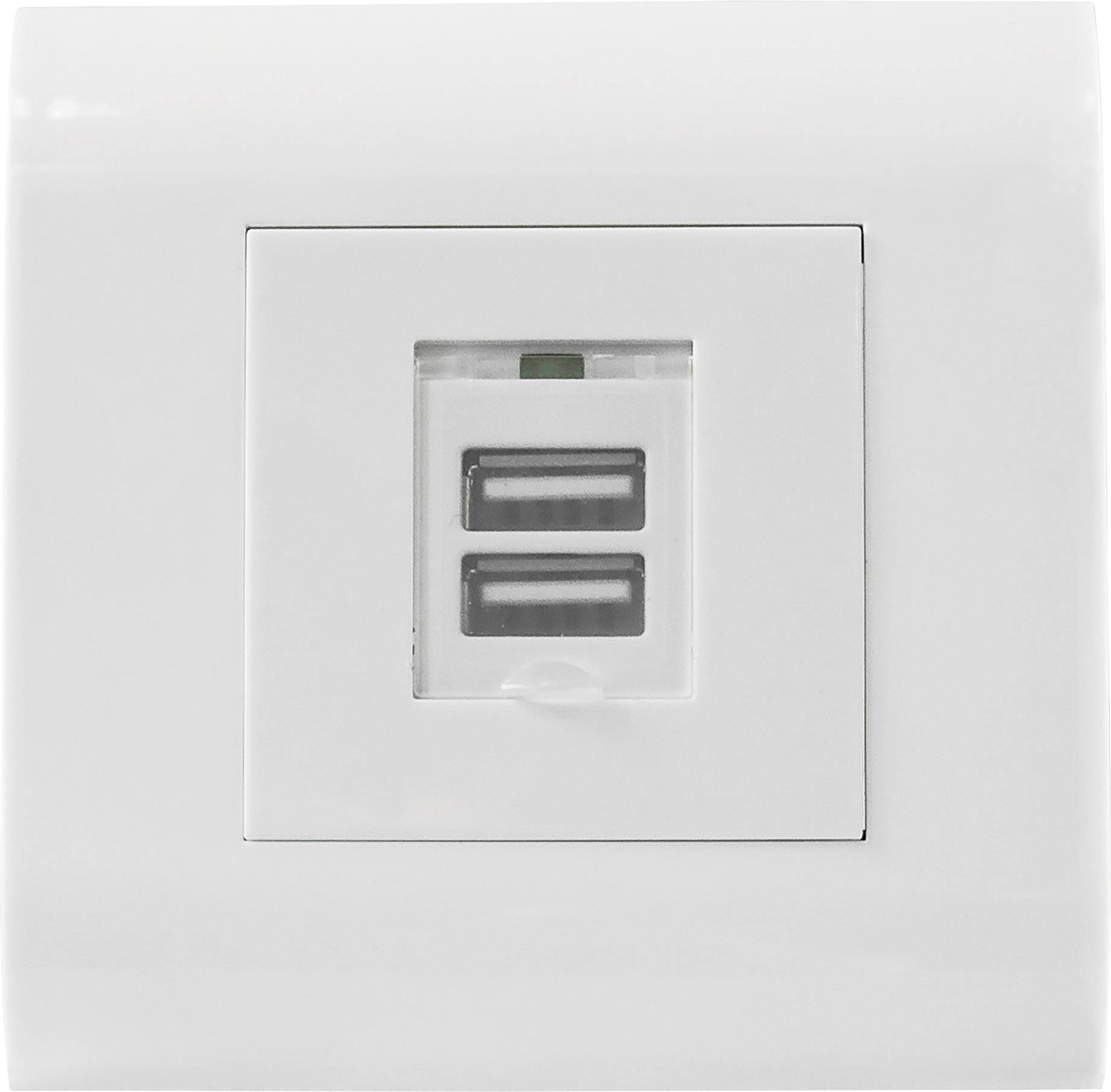 Fehér USB-csatlakozóaljzat két USB-porttal négyzet alakú fali szerelvényben, alkalmas eszközök töltésére.