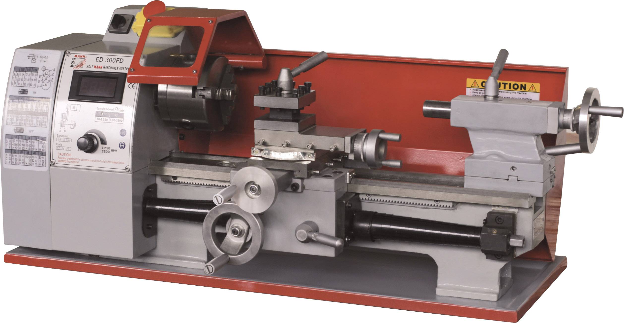 Egy piros és szürke elemekkel rendelkező asztali eszterga. Kezelőszervek a bal oldalán és egy befogószerkezet a középső részén.