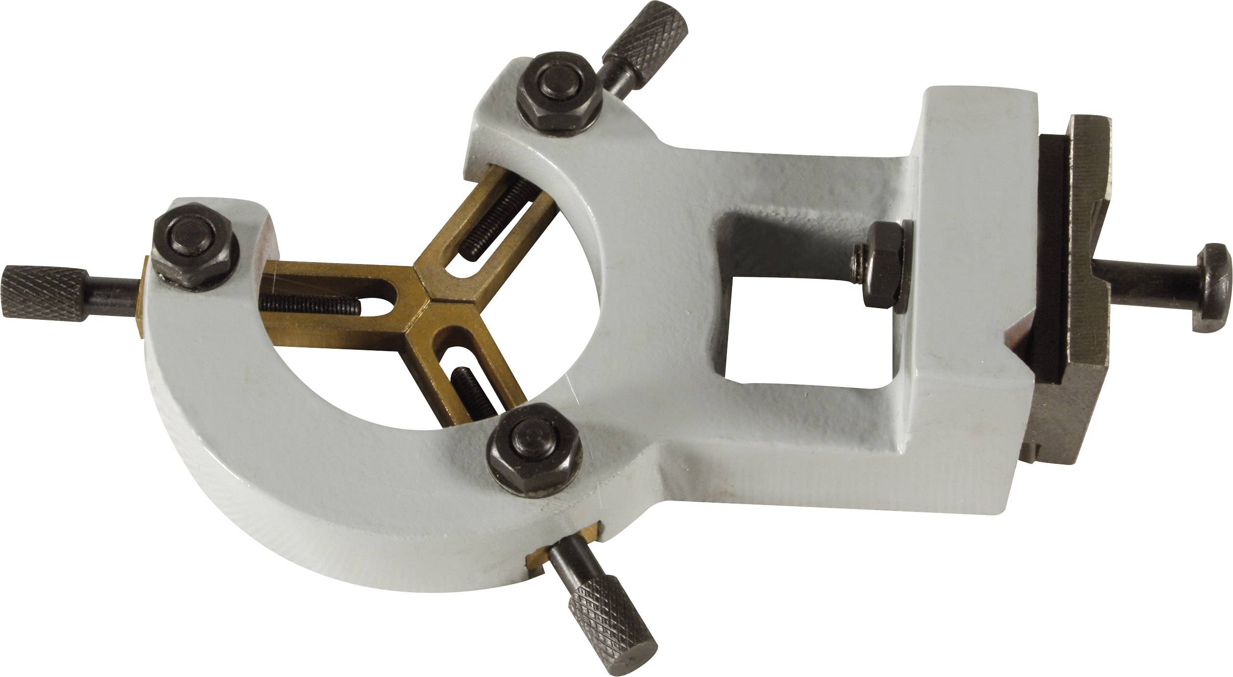 Egy fémből készült támasztóállvány (steady-rest) esztergagépekhez, rögzítőcsavarokkal, hosszú munkadarabok megmunkálás közbeni alátámasztására szolgál.