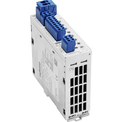 Ipari elektronikus eszköz kék csatlakozókkal és fémkerettel. Alkalmas vezérlőrendszerekhez.