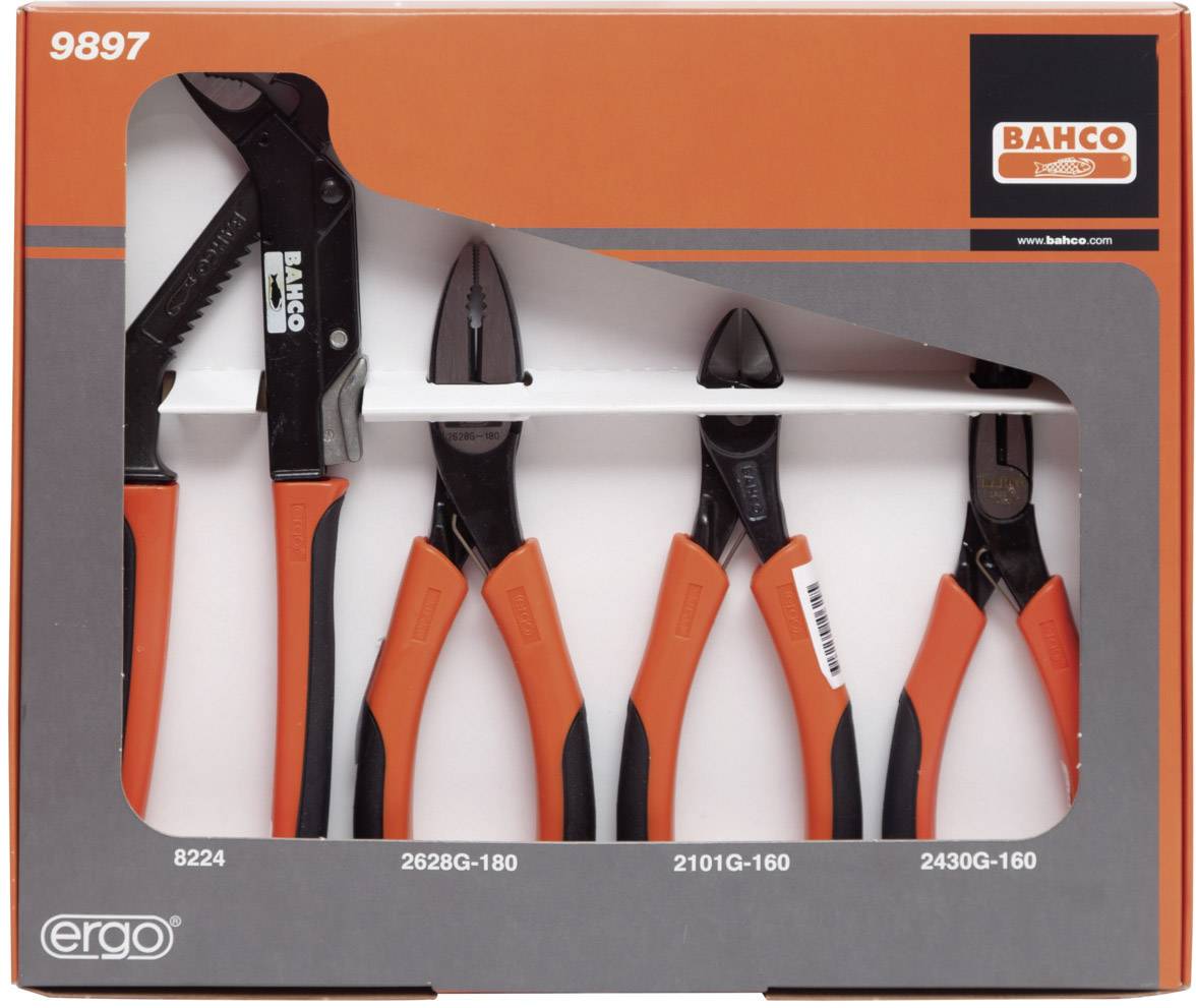 A 'Bahco' által gyártott, 9897-es modellszámú, négy piros és fekete fogó szett ergonomikus markolattal, csomagolásban.