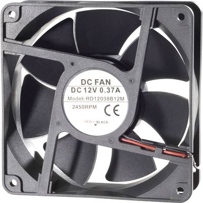Egy fekete számítógép ventilátor a következő felirattal: 'DC FAN DC 12V 0.37A Modell: RD12038B12M 2450RPM'. A ventilátorlapátok láthatók.