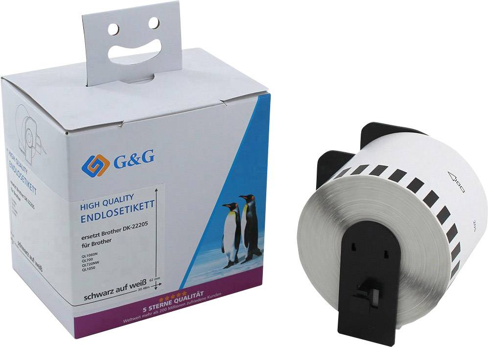 G&G végtelen címke, kiváló minőségű. Helyettesíti a Brother DK-22205 tekercset, fekete fehér háttérrel. A csomagolás pingvineket ábrázol.