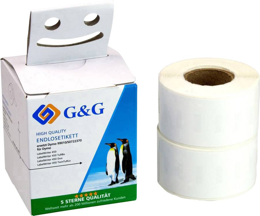 Egy G&G márkájú fehér végtelen címkéket tartalmazó doboz és tekercs; a csomagoláson pingvinek képei és termékinformációk láthatók.