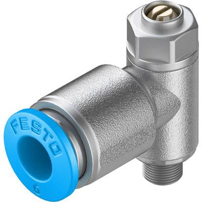 Fémes pneumatikai alkatrész kék csatlakozósapkával, amelyen a 'FESTO' felirat olvasható. Alkalmas a levegőáramlás vezérlésére rendszerekben.