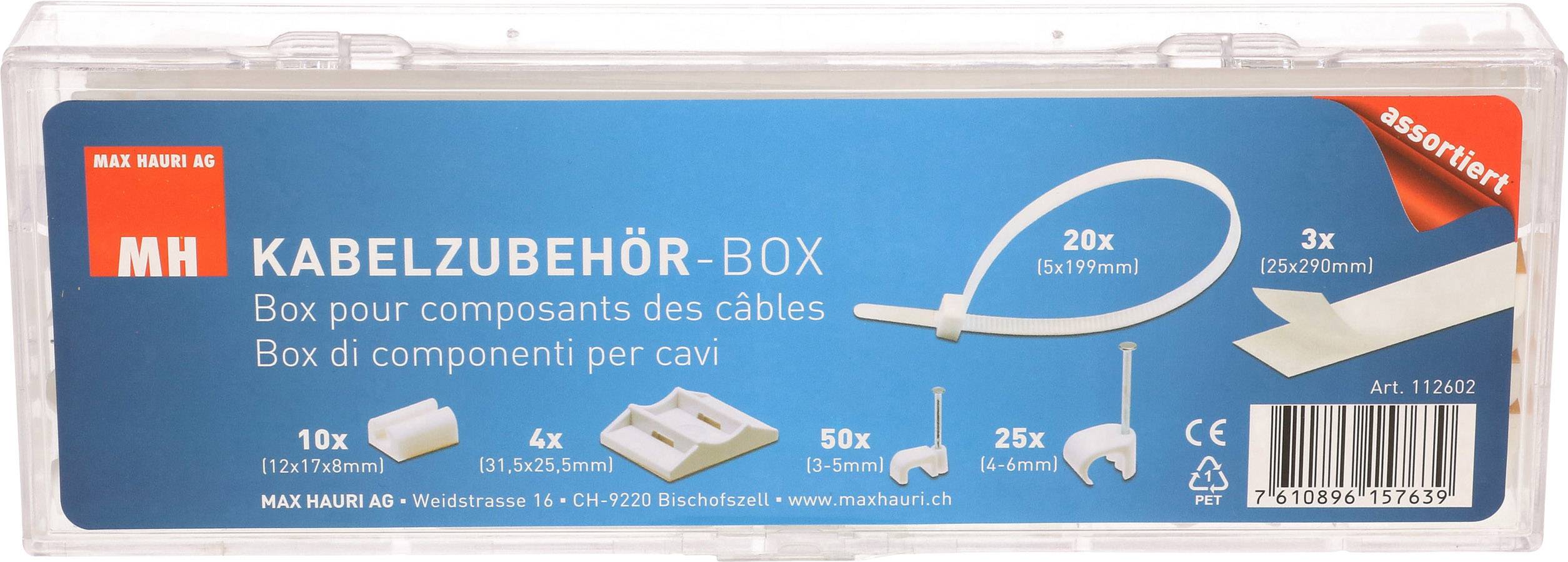 Kábel-tartozékok doboz kábel komponensekhez. Tartalmaz 10 tiplit, 4 talapzatot, 50 kábelbilinccsel, 20 kábelkötegelőt, 25 szigetelőszalag csíkot.