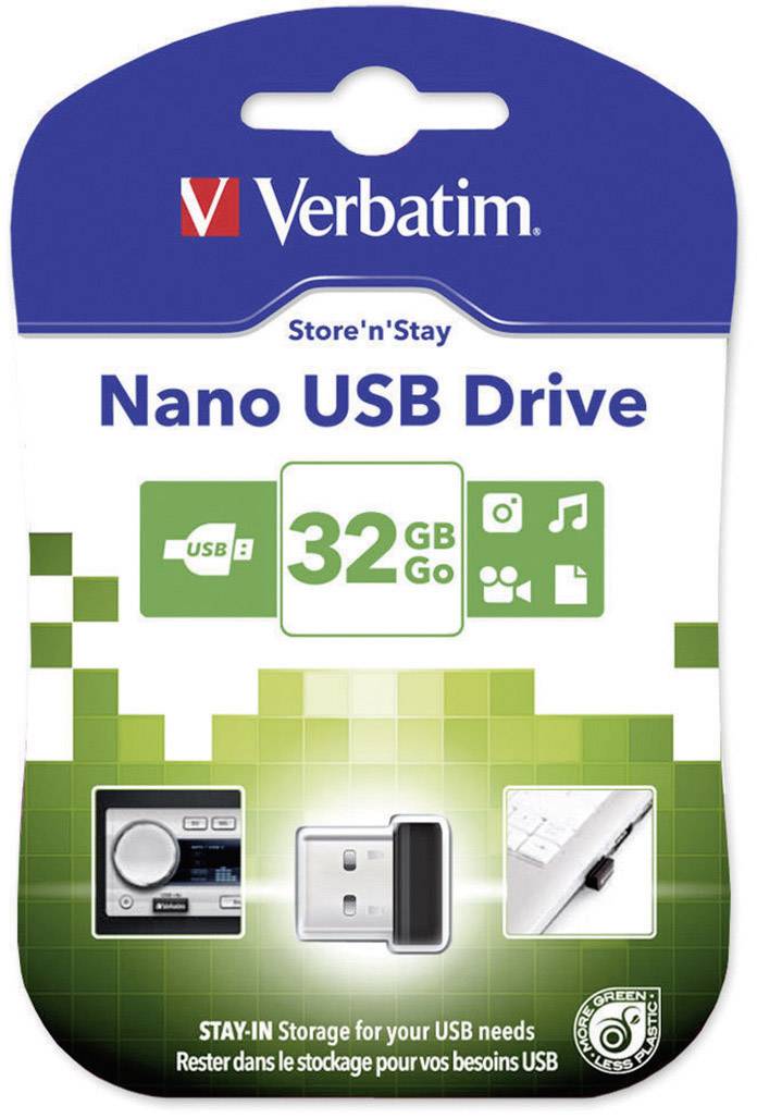 'Verbatim Nano USB-pendrive, 32 GB, USB 2.0, alkalmas képek, videók, zene tárolására. Kompakt és hordozható, tökéletes egyszerű tárolási feladatokhoz.'