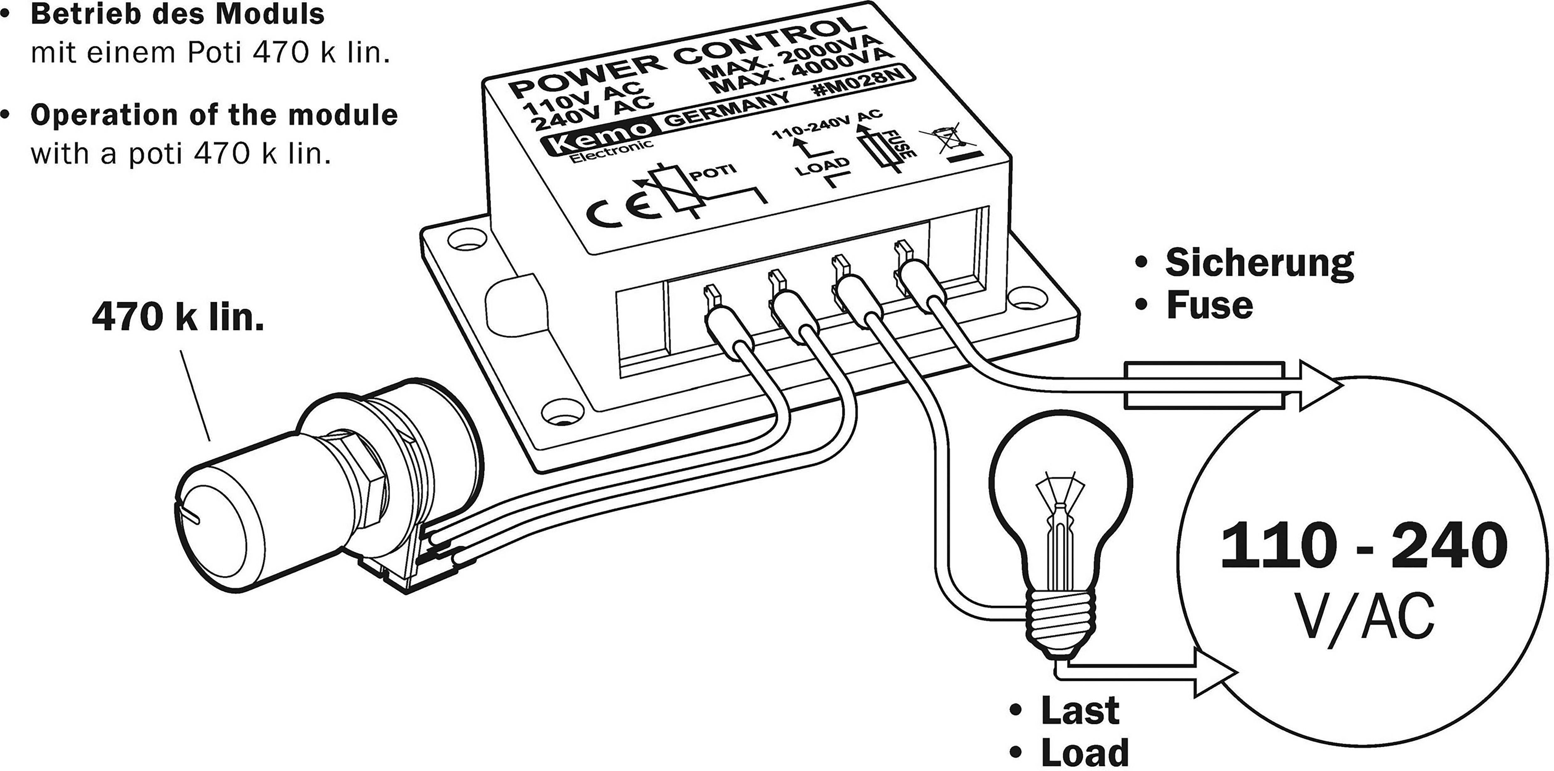 'Egy Power Control Modul kapcsolási rajza. Felül: Kezelési útmutató szövege. Középen: Modul csatlakozókkal. Lent jobbra: Kapcsolók, biztosíték és égő szimbóluma (110-240 V/AC).'