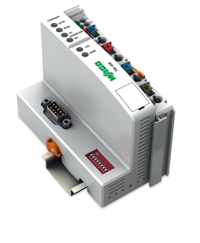 Ipari elektronikai modul több csatlakozóval, LED-kijelzőkkel és egy DB9-es csatlakozóval, sínre szerelve.