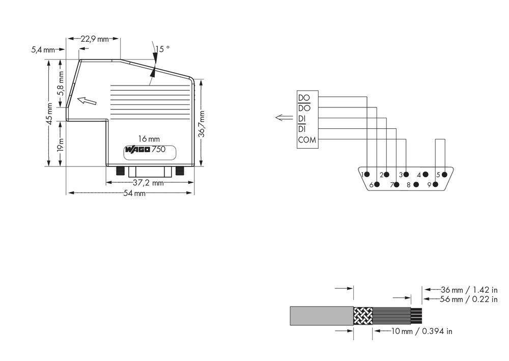Elektronikai alkatrész műszaki rajza méretekkel és feliratozással. Baloldalt egy doboz méretei, jobboldalt csatlakozási diagram.