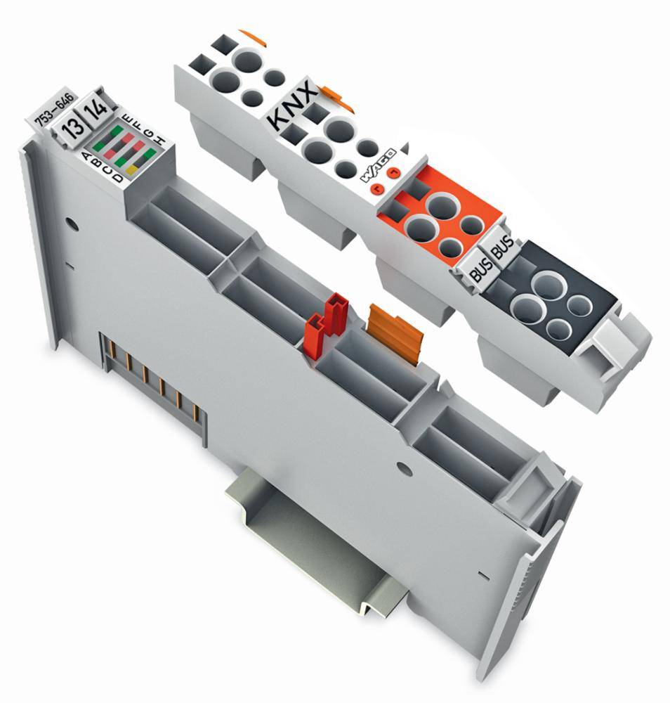 KNX-busz csatlakozómodul, szürke ház több csatlakozóval és felirattal, amely az elektromos csatlakoztathatóságot mutatja.